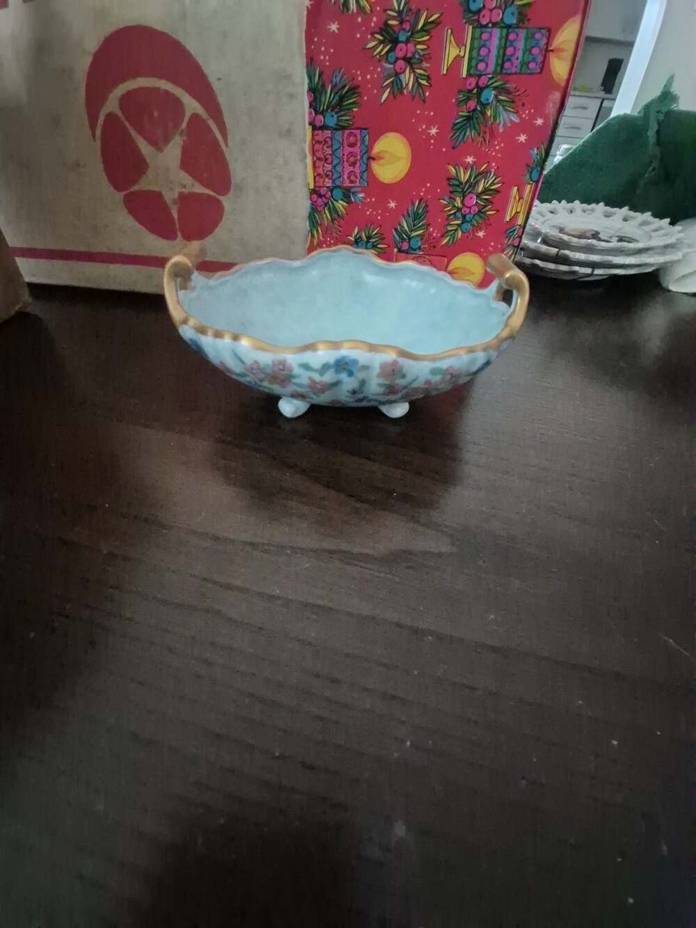 Vintage Hand Painted Floral Footed Trinket Dish Gold Trim